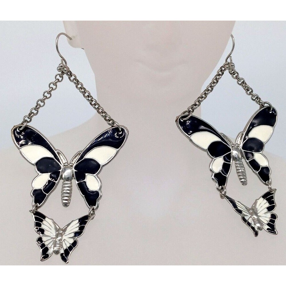 Butterfly Earrings Black and White Enamel Silver Tone Metal Chains Hook Posts